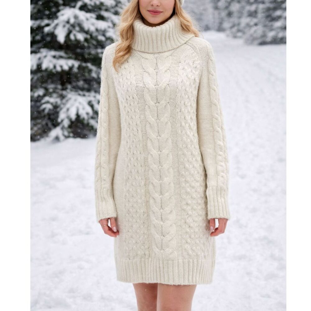 NWOT Banana Republic Cable Knit‎ Turtleneck Sweater Dress Cream Classic Wool